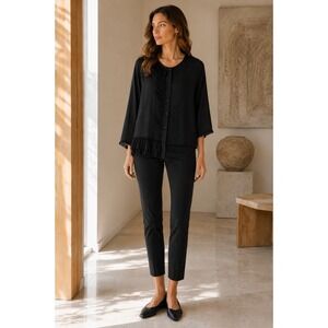 URU Black Silk Floral Blouse Chiffon Trim Lagenlook One‎ Size Made USA